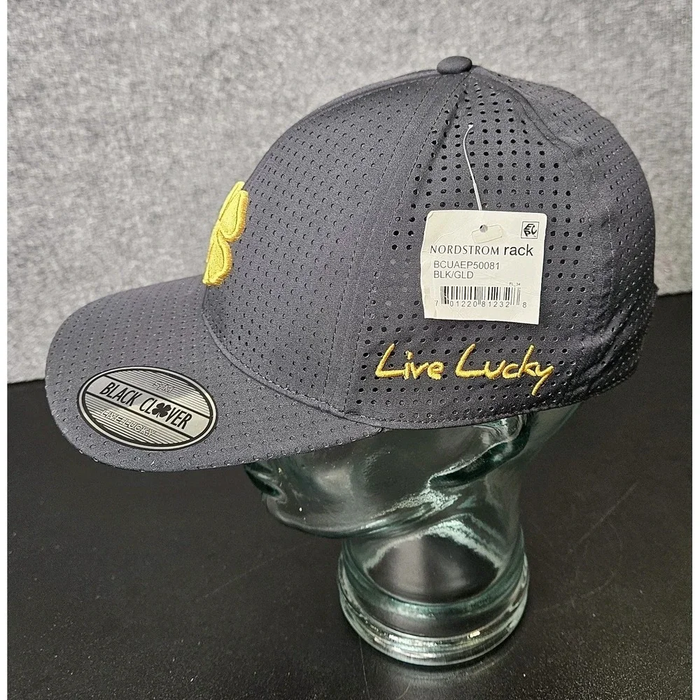 NWT Black Clover Hat Golf Black Gold‎ Clover Size S/M Stretch Mesh